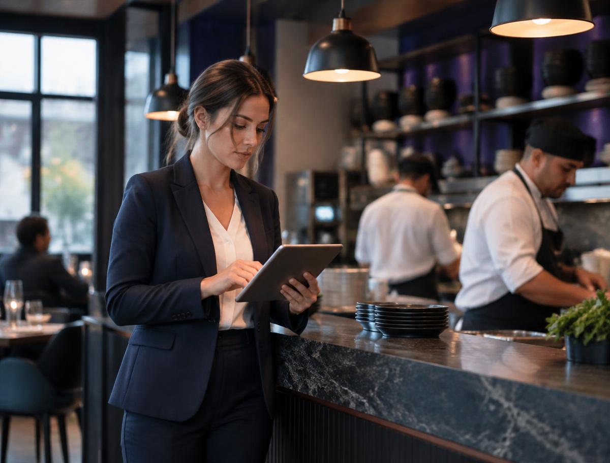 Directrice supervisant l'activité du restaurant sur sa tablette